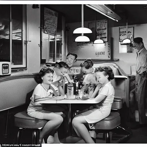 Prompt: detailed sharp photograph in the style of popular science circa 1 9 5 5 and gregory crewdson of a 1 9 5 0 s small town night inside a diner with ten teenage girls drinking milkshakes - w 1 0 2 4