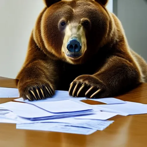 Image similar to bored bear at office, head leaning on paw with elbow on table, piles of paperwork