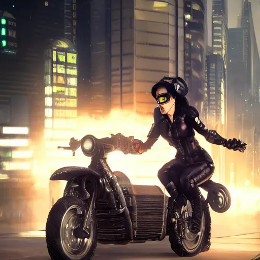 Image similar to ghostpunk woman riding a cyberpunk futuristic motorcycle in the city by eddie mendoza and greg rutkowsi, foggy, dark, moody, volumetric lighting, dirty