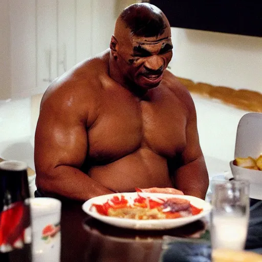 Prompt: obese crying mike tyson mukbang