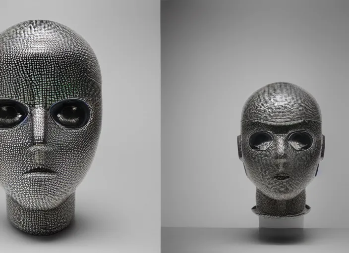 Image similar to a portrait photograph of a robot head designed by Balenciaga, 35mm, pentax, studio