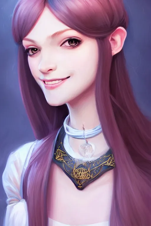 Image similar to portrait of a gorgeous young female artificer, looking at camera, D&D, choker on neck, stylish dress, mouth slightly open, cute slightly nerdy smile, very long flowing hair, intricate, elegant, stylish, fantasy, extremely detailed, digital painting, artstation, concept art, smooth, sharp focus, illustration, stunning lighting, art by artgerm and greg rutkowski and alphonse mucha and simon stalenhag