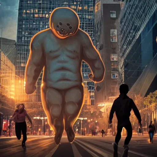 Prompt: bunch of people running away from a giant with bitcoin logo in his body in the city, hyper detailed, trending on artstation, cinematic composition hdr, 8 k, beautiful lighting, sharp details, digital illustration