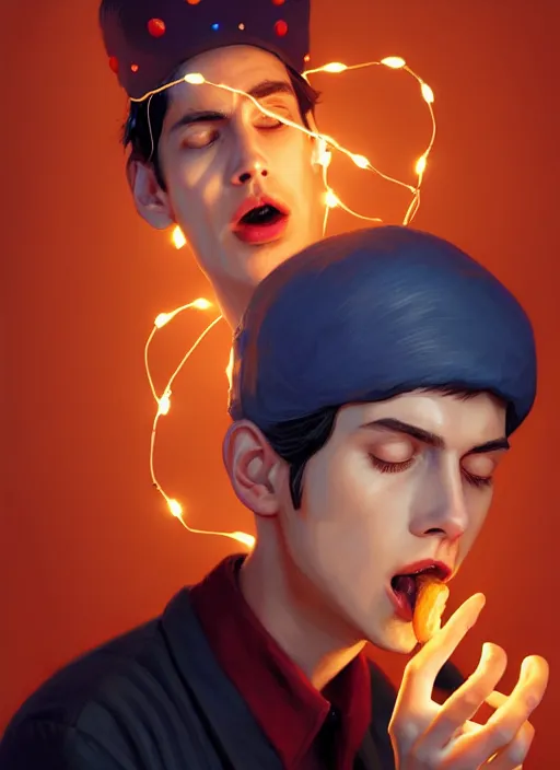 Prompt: portrait of jughead jones, eating a hamburger, wearing a crown, eyes closed, intricate, elegant, glowing lights, highly detailed, digital painting, artstation, concept art, smooth, sharp focus, illustration, art by wlop, mars ravelo and greg rutkowski