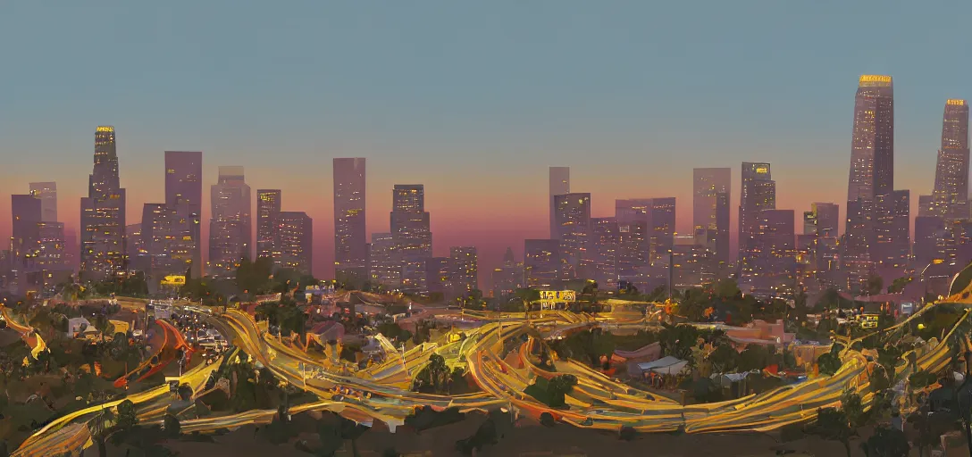 Image similar to visual development of los angeles skyline cityscape at dusk by lou romano, pixar disney dreamworks sony animation