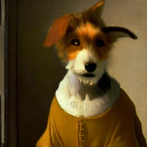 Image similar to an oil painting of a wire - haired fox terrier barking all the time at golden hour painted by johannes vermeer, masterpiece 8 k