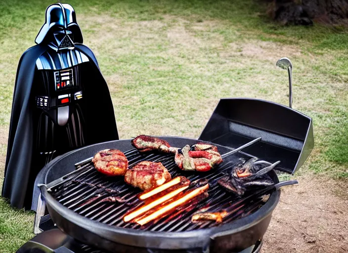 Image similar to film still of Darth Vader cooking on an outdoor grill in the new Star Wars movie, 4k