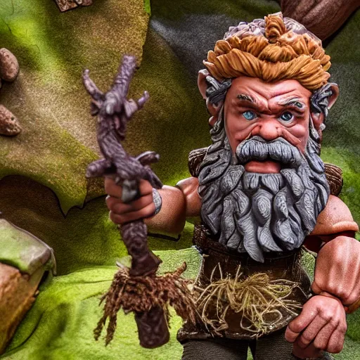 Image similar to high - res photograph of a claymation sculpture action figure warrior dwarf, highly detailed sculpey diorama, forest setting, waterfall backdrop, smooth, sharp foccus, commercial product photography,