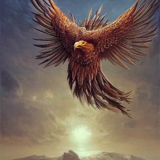 Image similar to griffon concept art, eagle head, lion body, eagle wings, beksinski