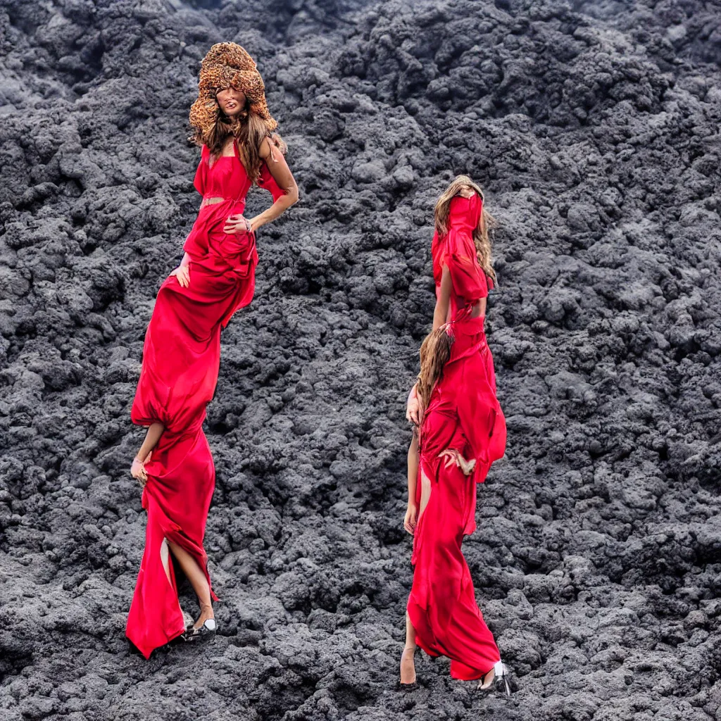 Image similar to fashion portrait in erupting volcano lava. wide angle shot. highly detailed.