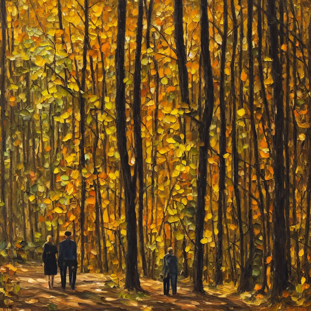 Prompt: modern american realist oil painting of couple walking together in the late afternoon golden hour light in the dense forest of gatineau park in october