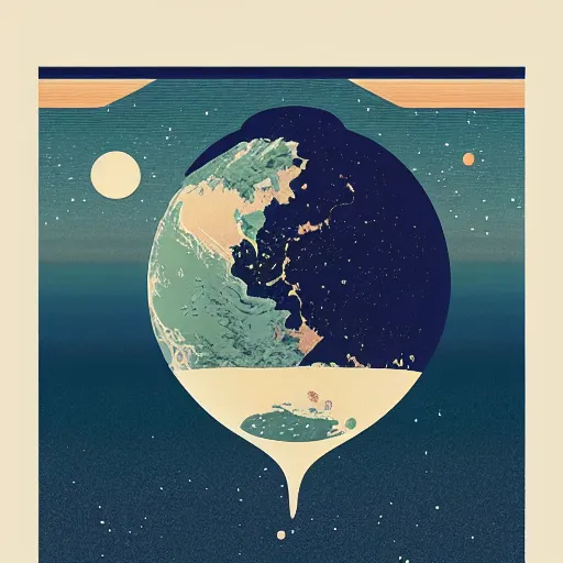 Image similar to the earth as a grain of sand in the vast void of the multiverse, flat design, screen print by kawase Hasui and Dan hillier, 8k, artstation