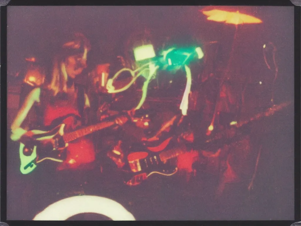 Prompt: 1980s polaroid colour flash photograph of a creature made of electric guitars