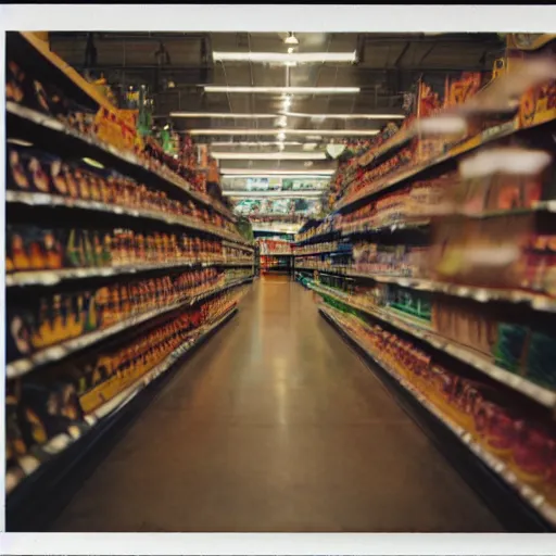 Image similar to vintage photograph of a futuristic time quetzalcoatl inside a grocery store, shallow depth of field, awkward, out of place, polaroid 6 0 0 color