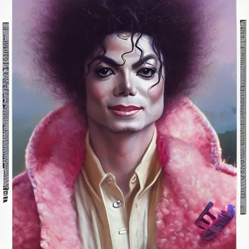 Image similar to beautiful fantasy character portrait, michael jackson, wearing pink puffy bomber jacket with white fur, by peter mohrbacher, hajime sorayama, wayne barlowe, boris vallejo, aaron horkey, gaston bussiere, craig mullins