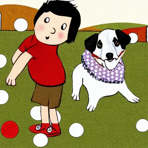 Image similar to illustration of french boy in paris playing football against a corgi, the corgi is wearing a polka dot scarf