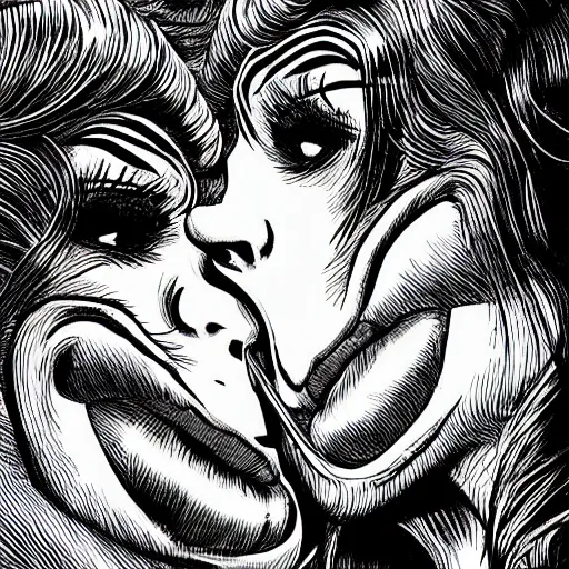 Image similar to two monstrous women kissing each other with long spiraling lips, eldritch abomination, horror manga illustration by junji ito, key visual, monochromatic