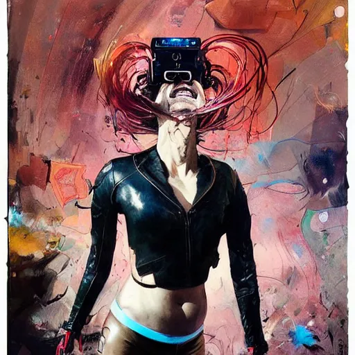 Image similar to grinning woman in a vr headset wearing leather outfit, dynamic energic pose, cyberpunk in the style of adrian ghenie, esao andrews, jenny saville, surrealism, dark art by james jean, takato yamamoto