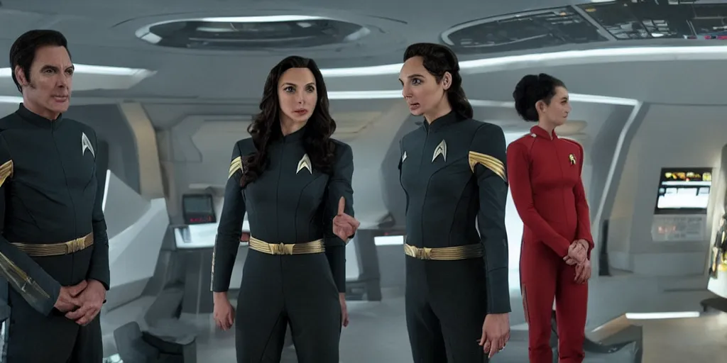 Image similar to Gal Gadot, in a Starfleet uniform, and Tribbles, Tribbles and more Tribbles in a scene in the next Star Trek movie