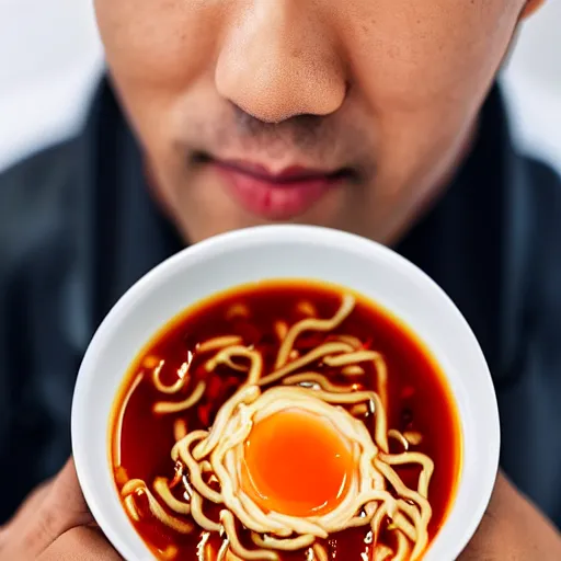 Prompt: a close up picture of a man eating shin ramyun high detailed, 4 k