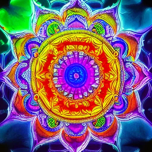 Image similar to “Four dimensional lotus mandala. Brightly coloured dripping Psychedelic kaleidoscope art, prize winning high definition linework structure, oil on water colour rainbow”