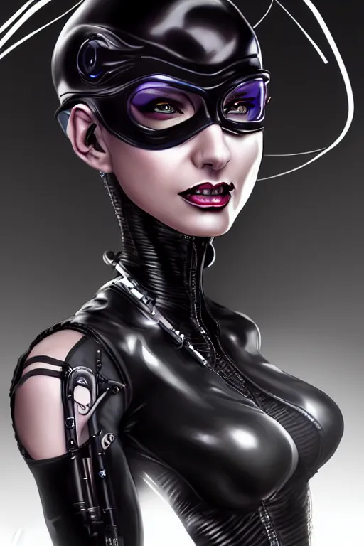 Prompt: portrait of a cyberpunk catwoman with biomechanichal parts by Artgerm, hyper detailled, trending on artstation