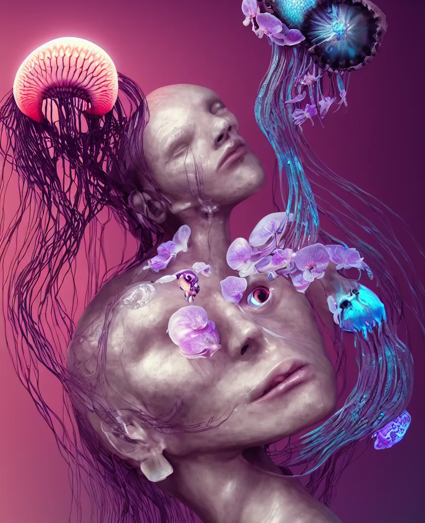 Image similar to goddess close - up portrait human skeleton, ram skull, jellyfish, orchid, betta fish, bioluminiscent, intricate artwork by tooth wu and wlop and beeple. octane render, trending on artstation, greg rutkowski very coherent symmetrical artwork. cinematic, hyper realism, high detail, octane render, 8 k