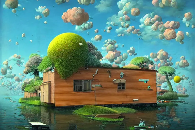 Image similar to surreal tokyo suburb, floating house in the sky, summer morning, very coherent and colorful high contrast, art by!!!! gediminas pranckevicius!!!!, geof darrow, dark shadows, hard lighting