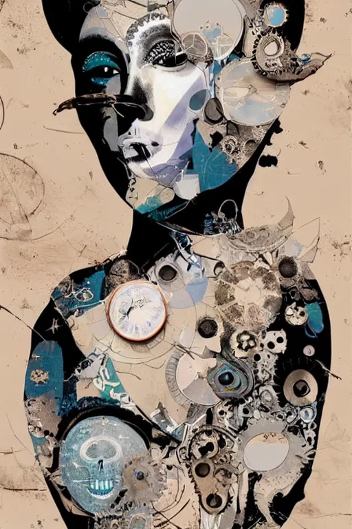 Prompt: Moon Goddess, contemporary, collage, minimalista style, digital painting, 4k, HDR, moon, skull, punk, steampunk, fashion, soft, vintage sharp focus, art by Sandra Chevrier, John Hoyland, teamLab