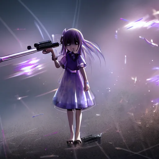 Image similar to advanced digital anime art, Sakimichan , a small school girl with silver hair wearing a violet dress and bare feet aiming through a PSG1 sniper rifle, DOF, Gaussian Blur, —W 1920