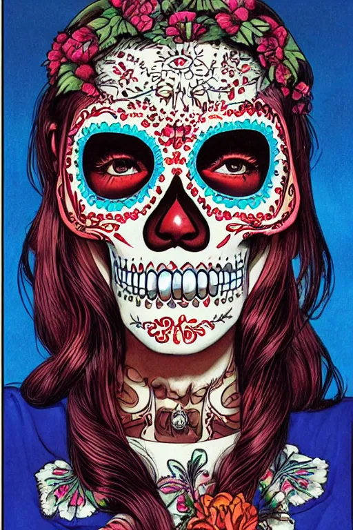 Prompt: Illustration of a sugar skull day of the dead girl, art by clyde caldwell