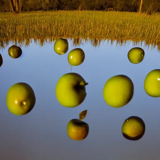 Image similar to apple seed sits in a water spill on the soil ground, reflections of apple trees, sunset light, in the style of van goch