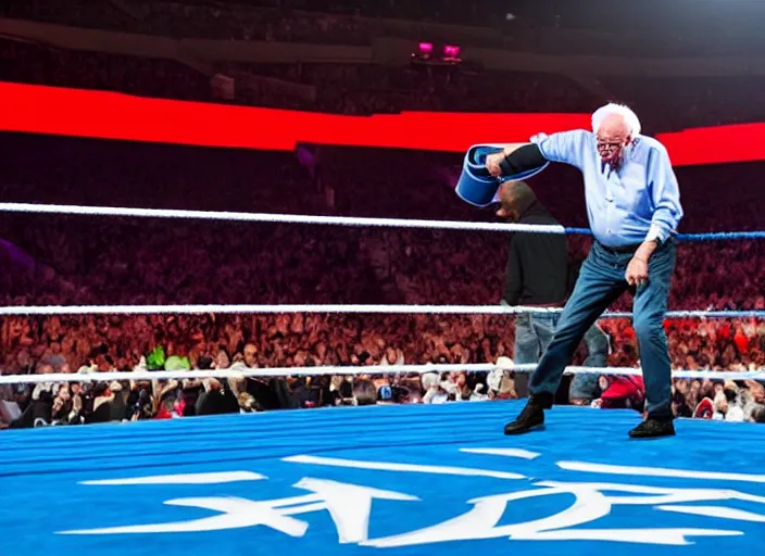 Prompt: photo still of bernie sanders in the ring at wrestlemania 3 6!!!!!!!! at age 7 8 years old 7 8 years of age!!!!!!! with a t - shirt gun, 8 k, 8 5 mm f 1. 8, studio lighting, rim light, right side key light