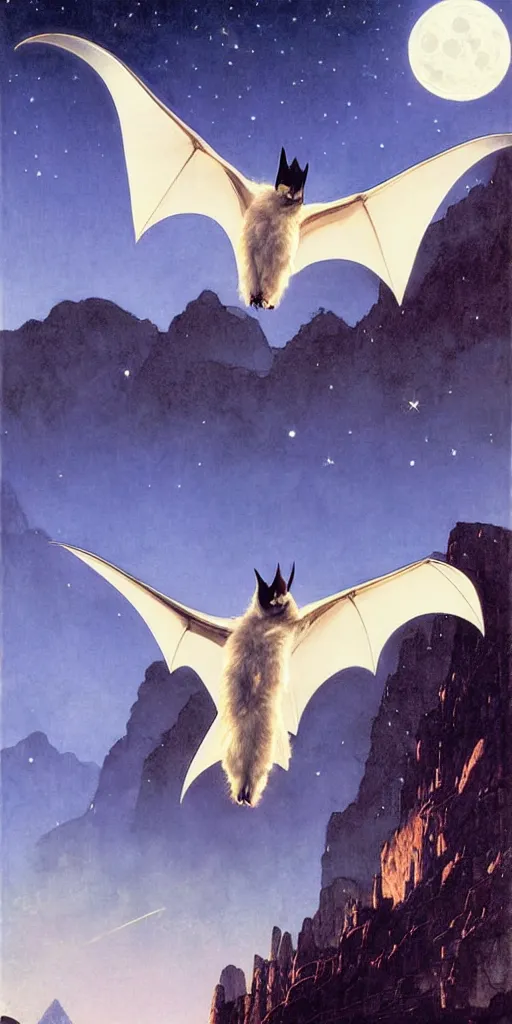 Image similar to a white bat, flying against a night sky, mountain in the background, moonlight, denoised, very detailed, painted by james gurney, norman rockwell, tom bagshaw