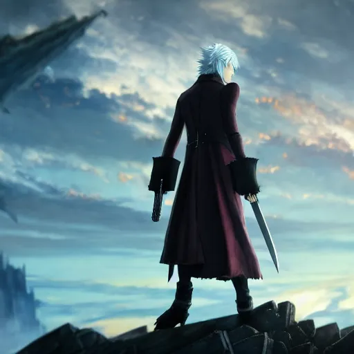 Image similar to a shot of dante from devil may cry in howl's moving castle movie, movie shot, anime, hightly detailed, rescalated 4 k, detailed, straight face, detailed face, artstation, deviantart, unreal - engine, octane render, studio ghibli