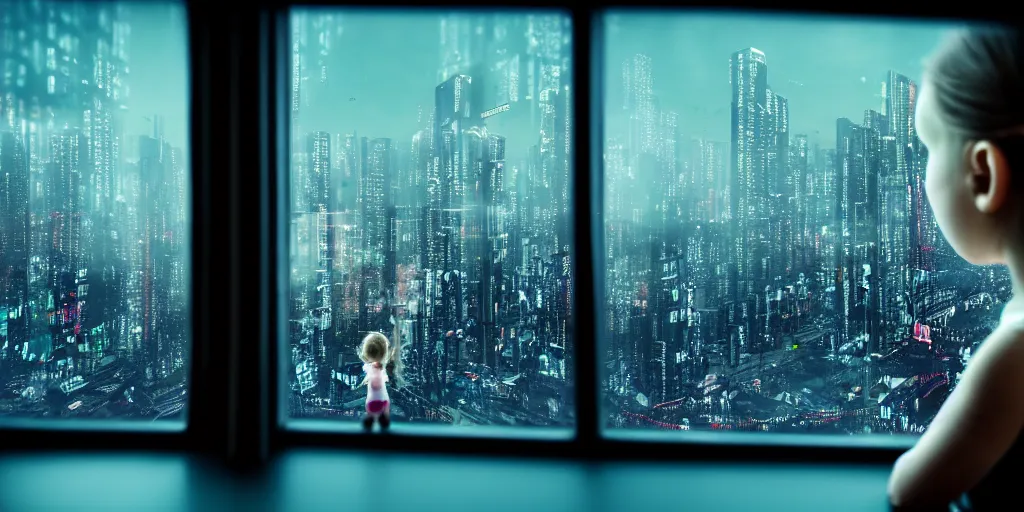 Image similar to overlooking on night city cyberpunk from floor to ceiling window, one little girl, beautiful hair at the back, looking out the window, liminal, cinematic, dreamscape