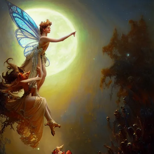 Image similar to attractive fairy queen fly high in the night, fantasy, full moon in background. hyper detailed painting by gaston bussiere, craig mullins, j. c. leyendecker, mid shot, 8 k, cryengone, cinematic lighting, beautiful,