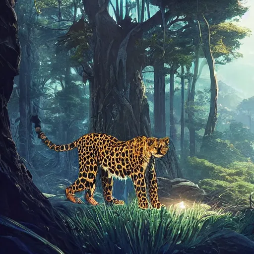 Image similar to highly detailed 🐆, in gta v, stephen bliss, unreal engine, fantasy art by greg rutkowski, loish, rhads, ferdinand knab, makoto shinkai and lois van baarle, ilya kuvshinov, rossdraws, tom bagshaw, global illumination, radiant light, detailed and intricate environment