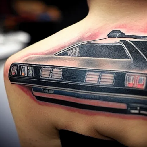 Image similar to a tatoo of delorean from back to the future,