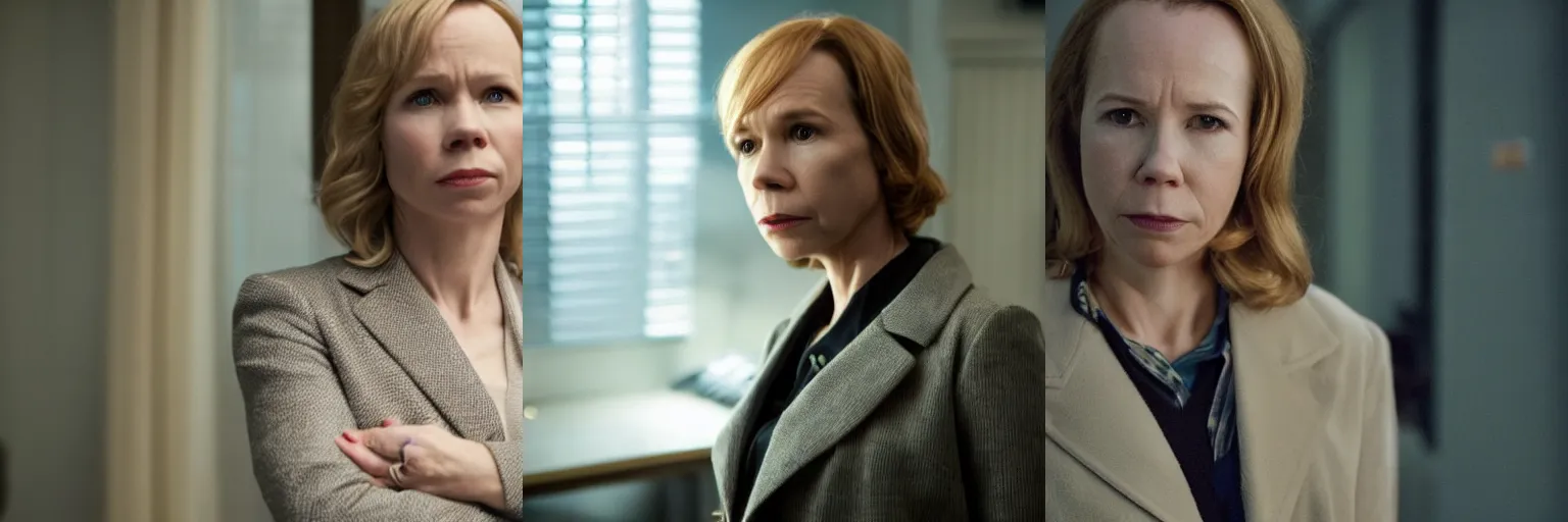 Prompt: close-up of Amy Ryan as a detective in a movie directed by Christopher Nolan, movie still frame, promotional image, imax 70 mm footage