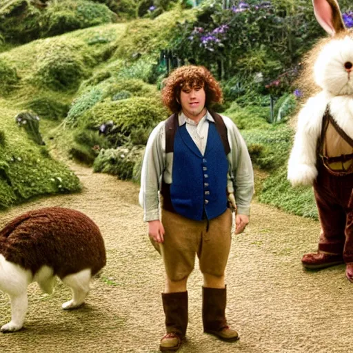 Image similar to clean shaven pudgy British lad with short curly dark brown hair as a hobbit wearing a white men's crossbody sling chest bag and blue vest standing next to a giant rabbit, blue vest! high resolution film still, movie by Peter Jackson