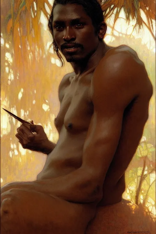 Image similar to attractive man, dark skin, painting by gaston bussiere, craig mullins, greg rutkowski, alphonse mucha