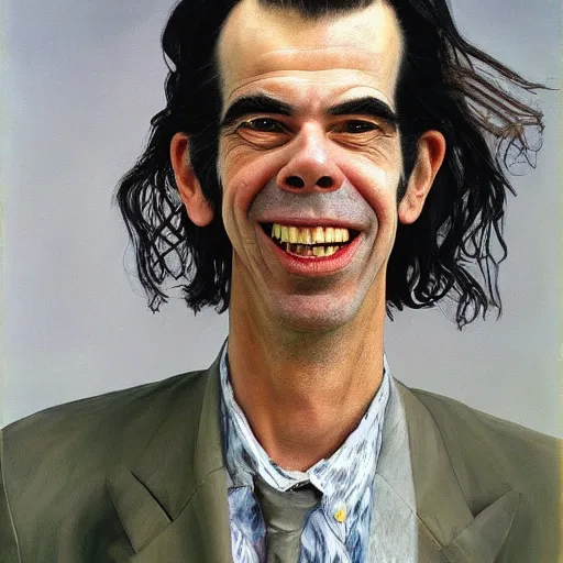 Prompt: high quality high detail painting by lucian freud, hd, smiling nick cave