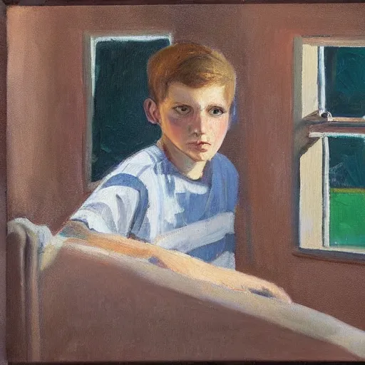 Prompt: a david padworny painting of a 1 4 year old boy looking out his bedroom window, looking sad, oil painting, harding meyer, samuel kane, expressionism