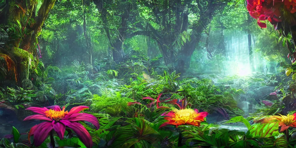 Image similar to An alien jungle, colorful flowers, glowing stone, reflection, rain, morning light, photorealistic, realistic, depth of field, high definition, soft light, high definition, detailed, 8k, artstation