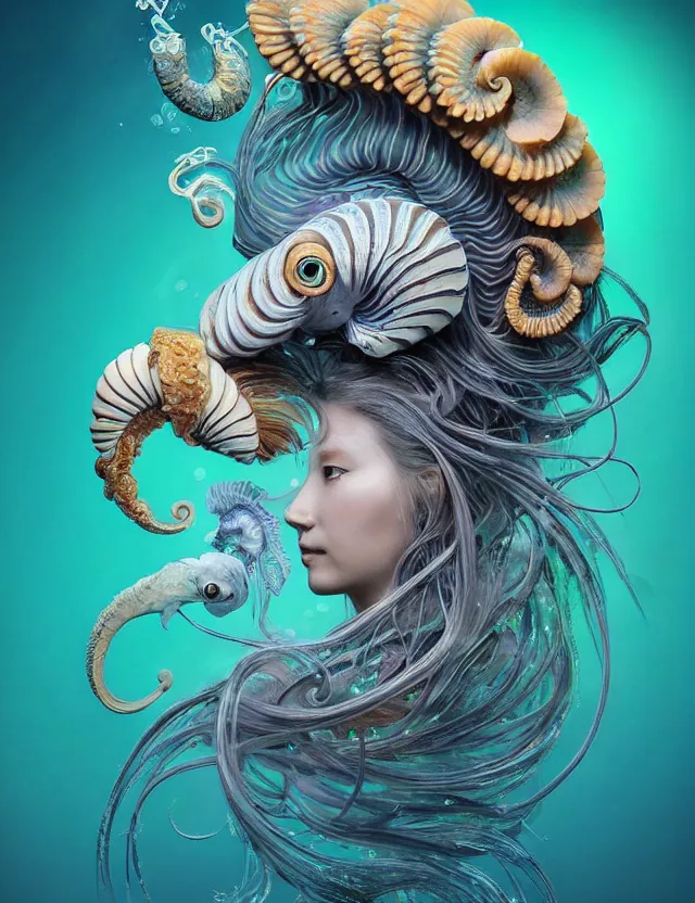 Image similar to 3 d goddess nautilus half - turn portrait with long hair with ram skull. beautiful intricately detailed japanese crow kitsune mask and clasical japanese kimono. betta fish, jellyfish phoenix, bio luminescent, plasma, ice, water, wind, creature, artwork by tooth wu and wlop and beeple and greg rutkowski