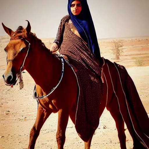 Image similar to beautiful burqa's woman, ride horse in saharan, dress like taliban, riffle on chest, dust, cinematic, dynamic pose, pinterest