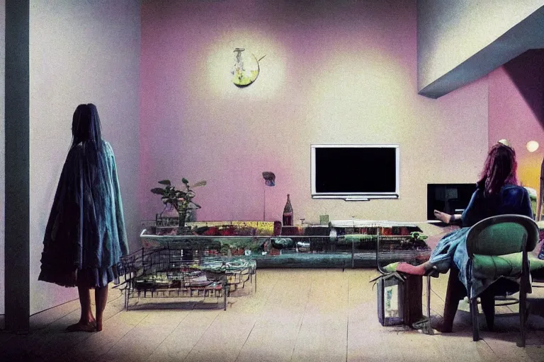Image similar to IKEA catalogue photo of a high end farmhouse kitchen, vaporwave, screens, TVs, monitors, by Beksiński