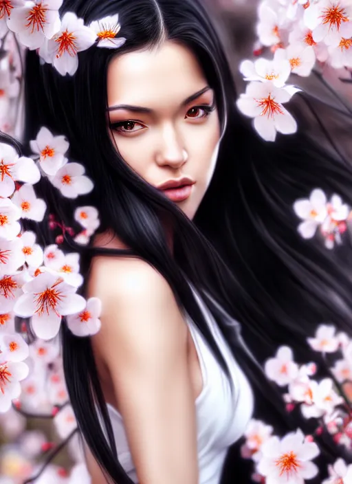 Prompt: photo of a gorgeous female with long black hair in the style of stefan kostic, realistic, body shot, sharp focus, 8 k high definition, insanely detailed, intricate, elegant, art by stanley lau and artgerm, cherry blossoms