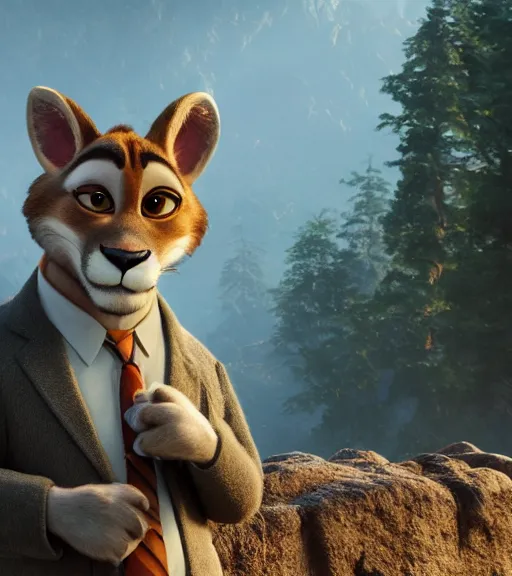 Image similar to a film still from the movie zootopia main character portrait anthro anthropomorphic mountain lion head animal person fursona wearing suit and tie pixar disney dreamworks animation sharp rendered in unreal engine 5 octane key art by greg rutkowski bloom dramatic lighting modeling expert masterpiece render